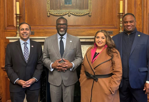 Raja with progressive politicians including Mayor Brandon Johnson